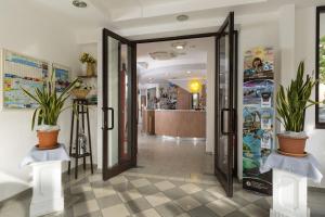 un vestíbulo con una puerta y dos macetas en Hotel Luana, en Riccione