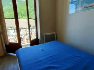 a bedroom with a blue bed in front of a window at Appartement Cauterets, 3 pièces, 6 personnes - FR-1-234-172 in Cauterets