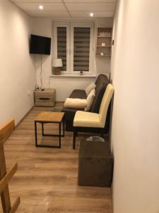 ein Wohnzimmer mit einem Sofa und einem Tisch in der Unterkunft Apartament Mazury in Giżycko