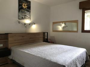 a bedroom with a white bed and a mirror at Appartement 3 pièces et jardin in Collioure