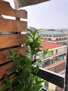 a plant on a fence with a view of a city at Renovated flat with huge balcony - Ανακαινισμένο διαμέρισμα με τεράστιο μπαλκόνι in Kardítsa