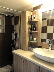ein Badezimmer mit einem weißen Waschbecken und einem Spiegel in der Unterkunft Renovated flat with huge balcony - Ανακαινισμένο διαμέρισμα με τεράστιο μπαλκόνι in Kardítsa