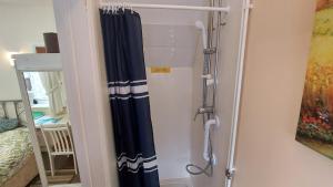 a shower in a bathroom with a blue shower curtain at Tennyson Lodge in Mablethorpe