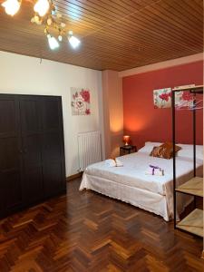 斯波萊托的住宿－Appartamento Central Palace Spoleto，一间卧室设有一张大床,铺有木地板