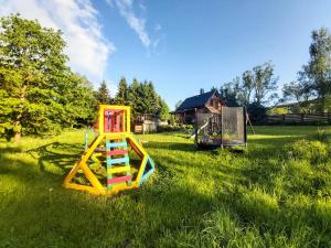 einen Spielplatz im Gras mit Rutsche in der Unterkunft Wierzbowy Jar - Natura Spokój Sauna Kominek Karkonosze in Janowice Wielkie