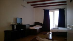 a small room with a television and a window at Pensiunea Valcinet in Borşa +48 photos