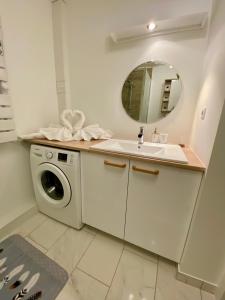 a bathroom with a washing machine and a sink at LE NID DU BIRDIE, Giez, Proche du lac d’Annecy in Giez