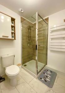La salle de bains est pourvue d'une douche et de toilettes. dans l'établissement LE NID DU BIRDIE, Giez, Proche du lac d’Annecy, à Giez