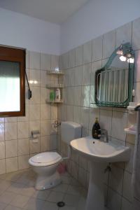 a bathroom with a toilet and a sink and a mirror at Guest House Bumbli in Berat
