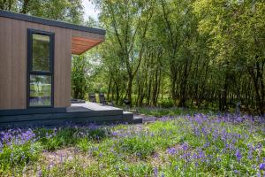 uma casa num jardim com flores roxas em Ewe pod, luxury glamping pod with hot tub, Croft4glamping em Benderloch