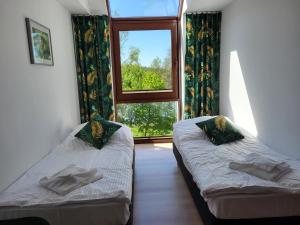 two beds in a room with a window at Apartament Perła A31 in Olsztynek