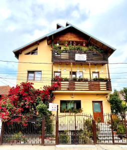 een geel huis met bloembakken op de ramen bij Pensiunea Cristiana in Curtea de Argeş