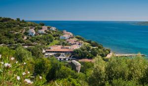 a village on a hill next to the ocean at Hotel Palumbalza Porto Rotondo in Porto Rotondo