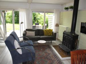 uma sala de estar com um sofá e uma lareira em Ferienhaus HET GANZELAND OOST100 em Oostmahorn
