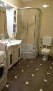 uma casa de banho com um chuveiro, um WC e um lavatório. em Apartman Crikvenica 30103 - Zdravko em Crikvenica