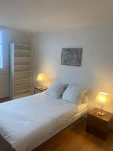 1 dormitorio con 1 cama blanca grande y 2 lámparas en Magnifique T5 en plein coeur du béarn en Pau