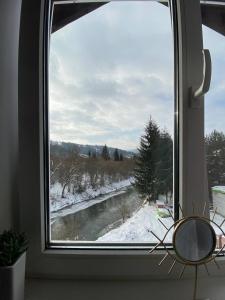 una finestra con vista su un fiume innevato di Riverside a Slavske
