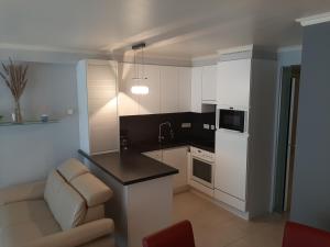 a kitchen with white cabinets and a black counter top at House Kimberly 194, bus 102 in Nieuwpoort