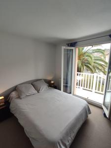 um quarto com uma cama e uma grande janela em Petit oasis avec piscine em Anglet