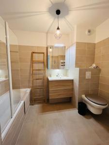 a bathroom with a toilet and a sink and a tub at Résidence la Villa Bleue Golfe Juan in Vallauris