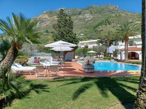 a resort with a pool and palm trees and a mountain at Villa Martina in Ischia
