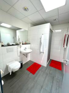 a bathroom with a toilet and a sink with red mats at Hotel Burgholz in Stepprath