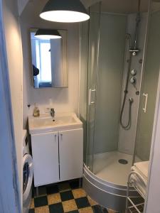 a bathroom with a sink and a shower at Charming Cottage in a typical French Village in Saint-Christophe-du-Luat