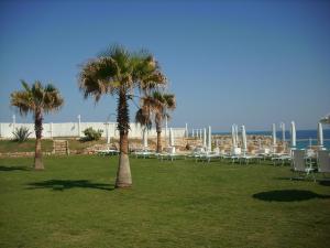 a group of tables and palm trees on the beach at Maria del Mar in Monopoli