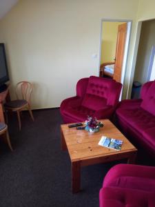 een woonkamer met paarse stoelen en een salontafel bij Hotel Nové Údolí in Stožec