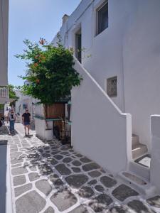 eine Kopfsteinpflasterstraße mit einem weißen Gebäude und einem Baum in der Unterkunft Flair Naousa in Naoussa