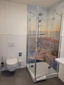 łazienka z prysznicem i toaletą w obiekcie Pension zum Kleistpark w mieście Frankfurt nad Odrą