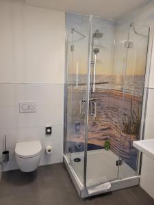 a bathroom with a shower and a toilet at Pension zum Kleistpark in Frankfurt Oder