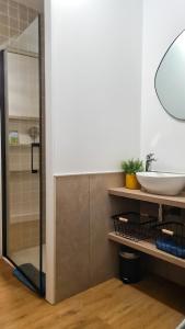 a bathroom with a sink and a mirror at Magnifique appartement rénové plein centre-ville in Marmande