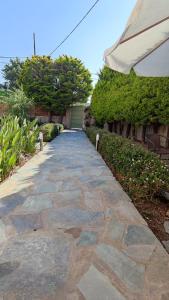 a stone walkway leading into a yard with an umbrella at Villa Katerina in Ialyssos
