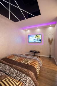 Foča Apartmani "Story Lux" في فوتشا: غرفة نوم مع سرير وتلفزيون على الحائط