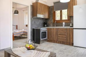 a kitchen with wooden cabinets and a white refrigerator at DANAI HOUSE 3 in Nea Roda