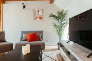 - un salon avec un canapé et une télévision dans l'établissement La Villetta SPA -logement atypique, à Mulhouse