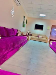 ein Wohnzimmer mit einem lila Sofa und einem Flachbild-TV in der Unterkunft Belle escale in Oujda