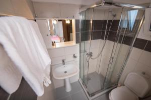 a bathroom with a shower and a sink and a toilet at Elena Studios in Athani