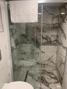 a shower with a glass door in a bathroom at Casa Deac in Sebeş