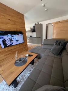 Televízia a/alebo spoločenská miestnosť v ubytovaní Luxusní Apartmán GRAND v centru Harrachova se soukromou Mega terasou, s privátním parkováním zdarma, s možností dobíjení wallbox EV a výhledem na Harrachovský kostelíček