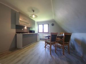 a kitchen and dining room with a table and chairs at Apartamenty Rodzinne in Witów