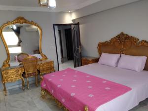 a bedroom with a large bed and a mirror at The fascination of the Nail river view in Cairo