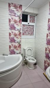 a bathroom with a toilet and a window and a sink at The fascination of the Nail river view in Cairo