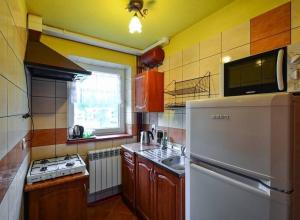 una pequeña cocina con nevera y fregadero en Pokoje gościnne u Bożenki en Krościenko