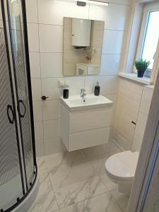 La salle de bains est pourvue d'un lavabo blanc et de toilettes. dans l'établissement Domki Platinium Sianożęty, à Sianożęty