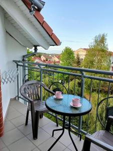 a table and chairs on a balcony with a view at Apartamenty Hexagon nr 32 in Grzybowo