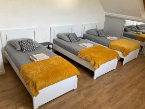 Cette chambre comprend 3 lits avec des coussins jaunes. dans l'établissement Maison indépendante, domaine VICHY LA TOUR, à Abrest