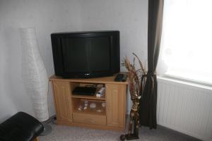 TV en la parte superior de un soporte de madera en Apartment Schinkmann, en Bad Frankenhausen