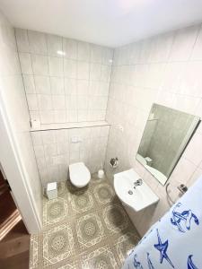 a small bathroom with a toilet and a sink at Hotel Hamburg Inn in Hamburg